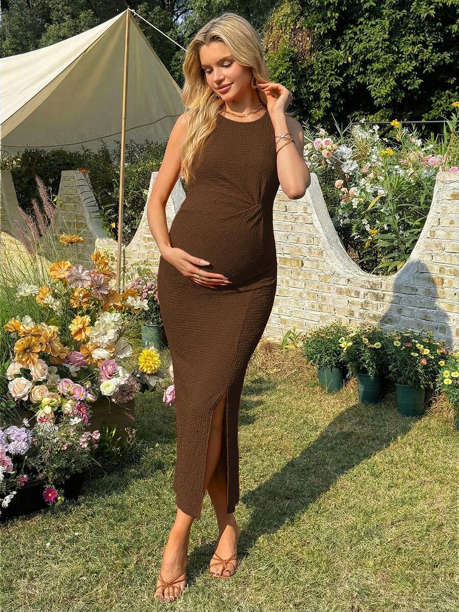 Women's Long Twist Knot Slit Casual Maternity Dress