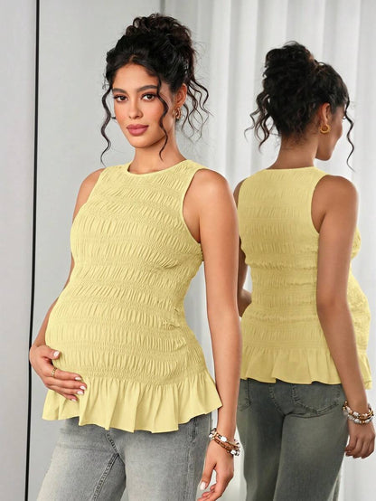 Maternity Tank Camisole - Tank Vest Neck, Shirred, Flared Hem, Slim Fit, Pink