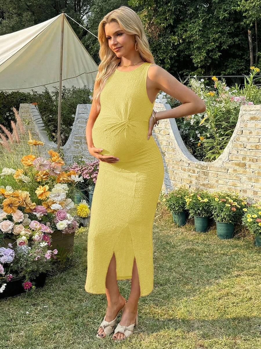 Women's Long Twist Knot Slit Casual Maternity Dress