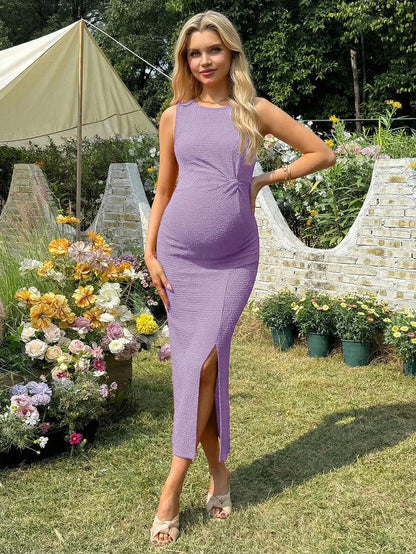 Maternity Long Twist Knot Slit Bodycon Midi Dress Red Sleeveless Round Neck Slim Fit Summer Vacation Outfits for Women