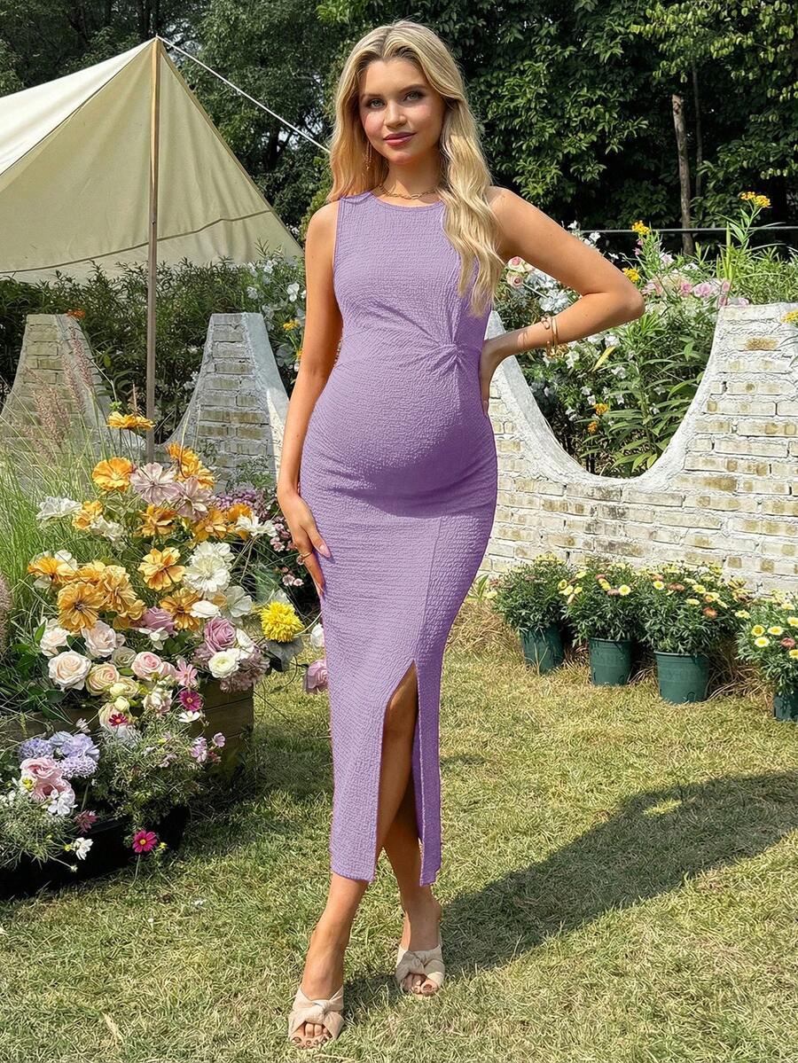 Women's Long Twist Knot Slit Casual Maternity Dress