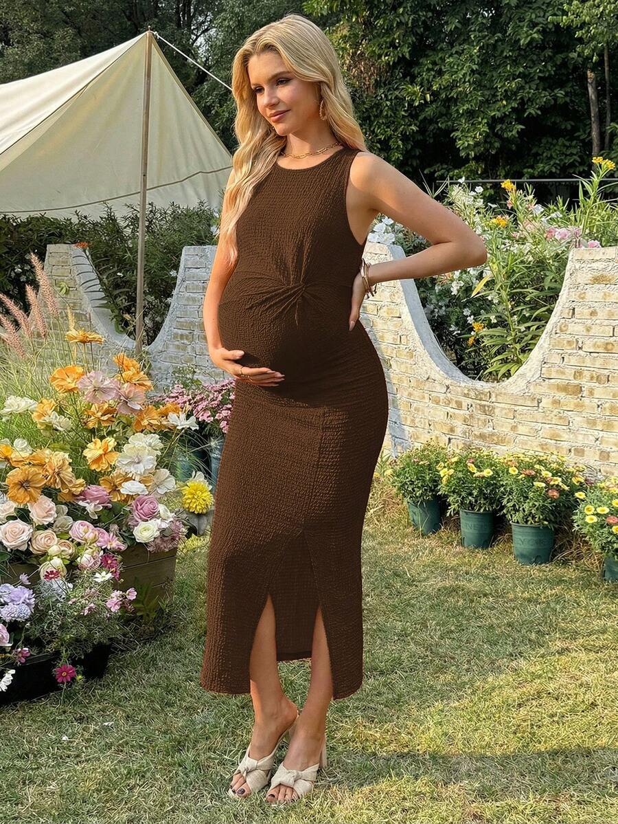 Women's Long Twist Knot Slit Casual Maternity Dress