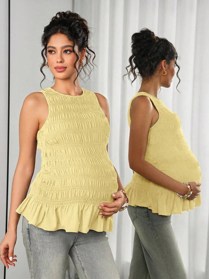 Maternity Tank Camisole - Tank Vest Neck, Shirred, Flared Hem, Slim Fit, Pink