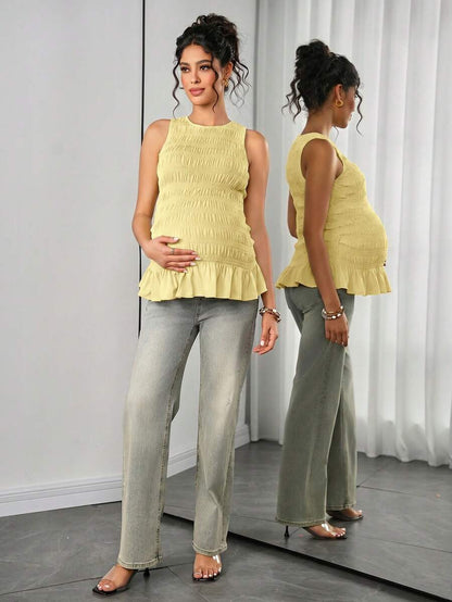 Maternity Tank Camisole - Tank Vest Neck, Shirred, Flared Hem, Slim Fit, Pink