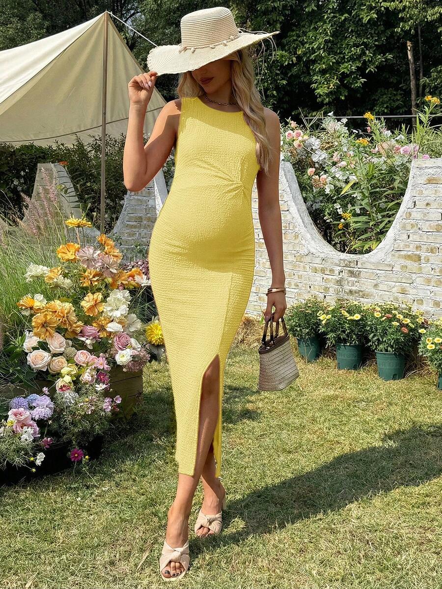 Women's Long Twist Knot Slit Casual Maternity Dress