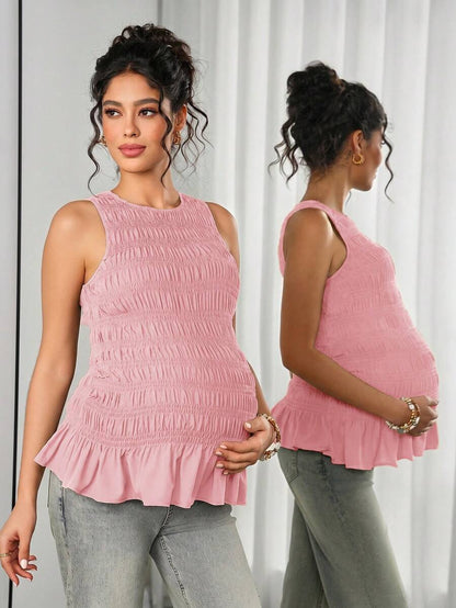 Maternity Tank Camisole - Tank Vest Neck, Shirred, Flared Hem, Slim Fit, Pink