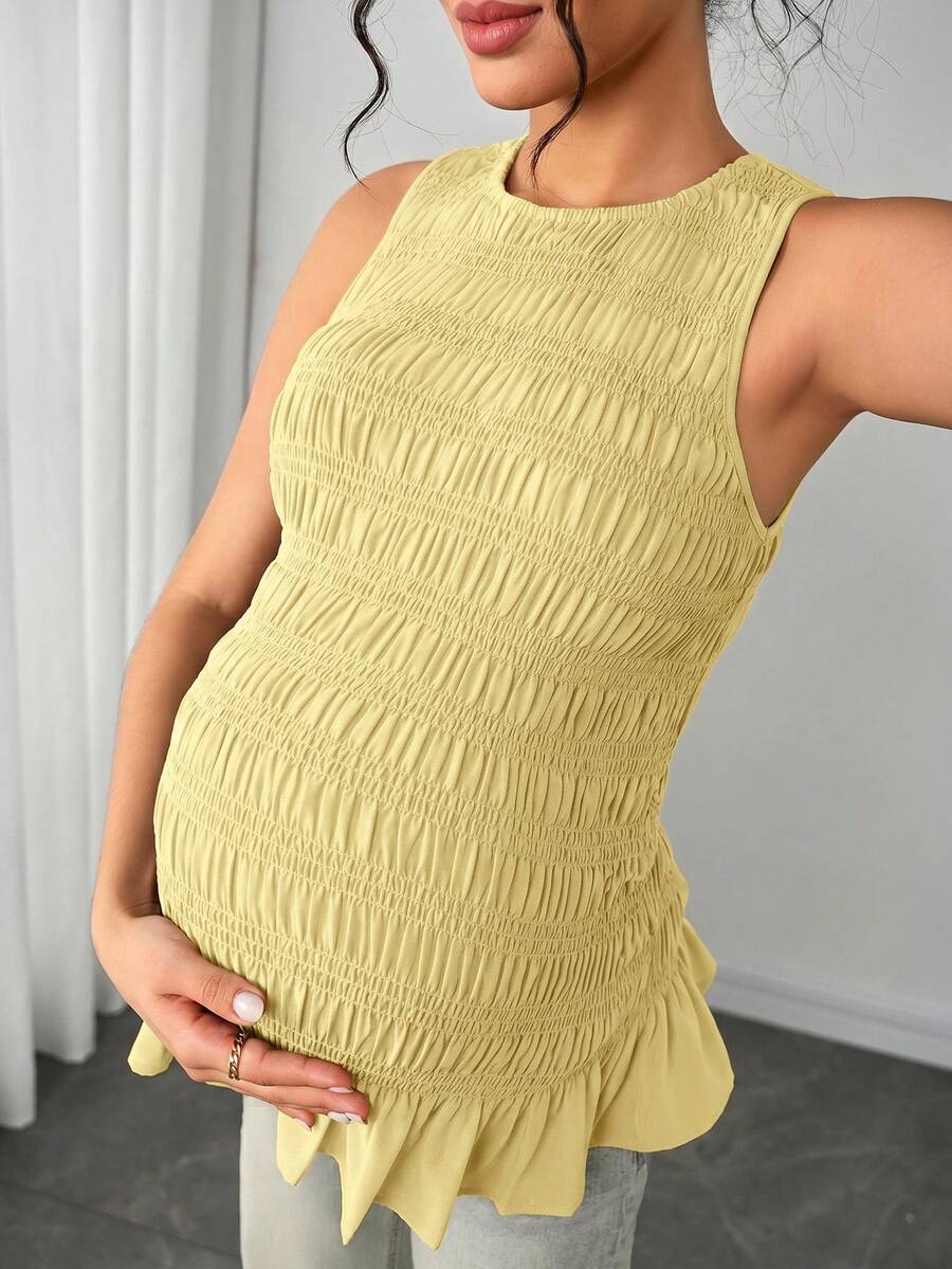 Maternity Tank Camisole - Tank Vest Neck, Shirred, Flared Hem, Slim Fit, Pink