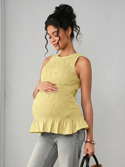 Maternity Tank Camisole - Tank Vest Neck, Shirred, Flared Hem, Slim Fit, Pink