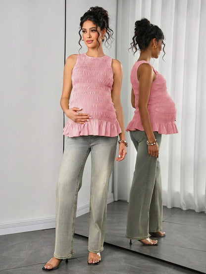 Maternity Tank Camisole - Tank Vest Neck, Shirred, Flared Hem, Slim Fit, Pink