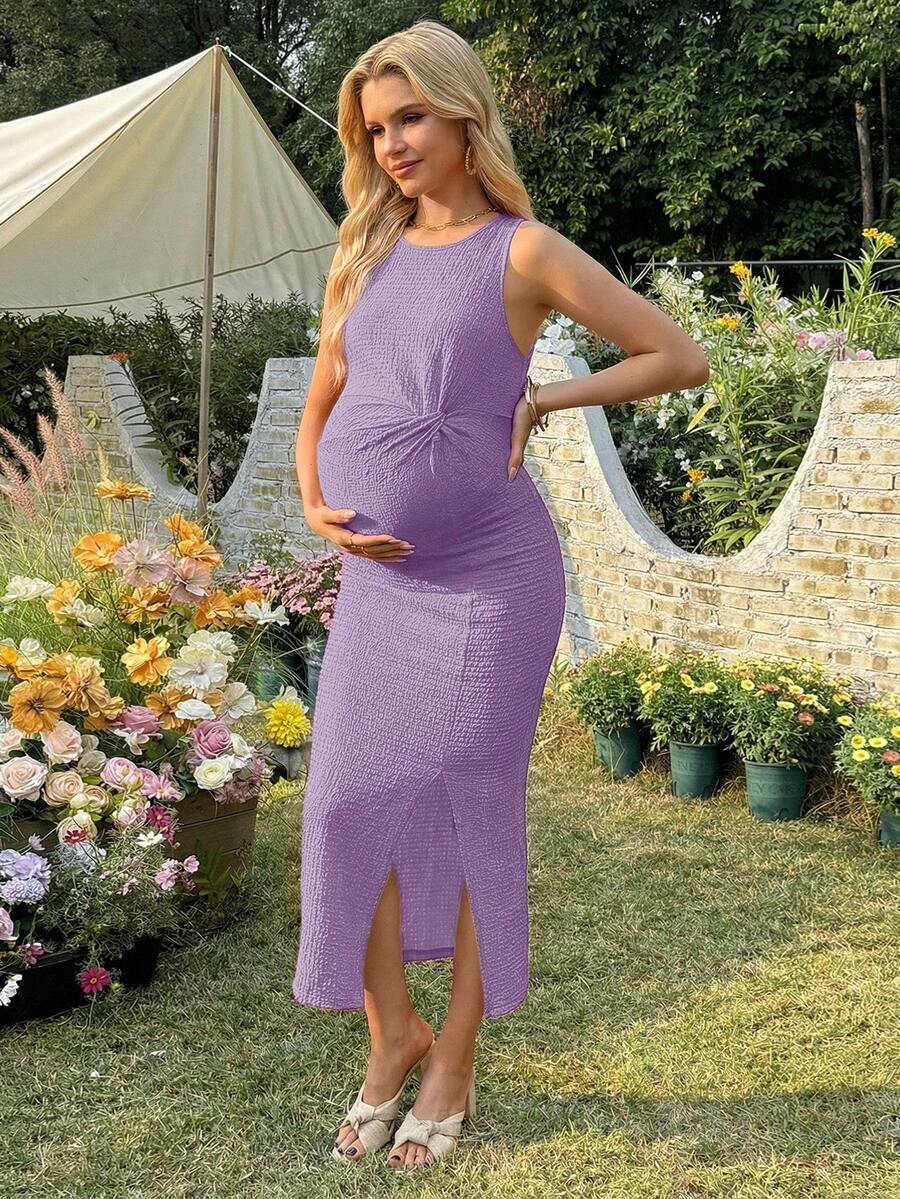 Maternity Long Twist Knot Slit Bodycon Midi Dress Red Sleeveless Round Neck Slim Fit Summer Vacation Outfits for Women