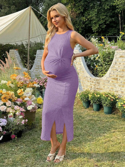 Maternity Long Twist Knot Slit Bodycon Midi Dress Red Sleeveless Round Neck Slim Fit Summer Vacation Outfits for Women