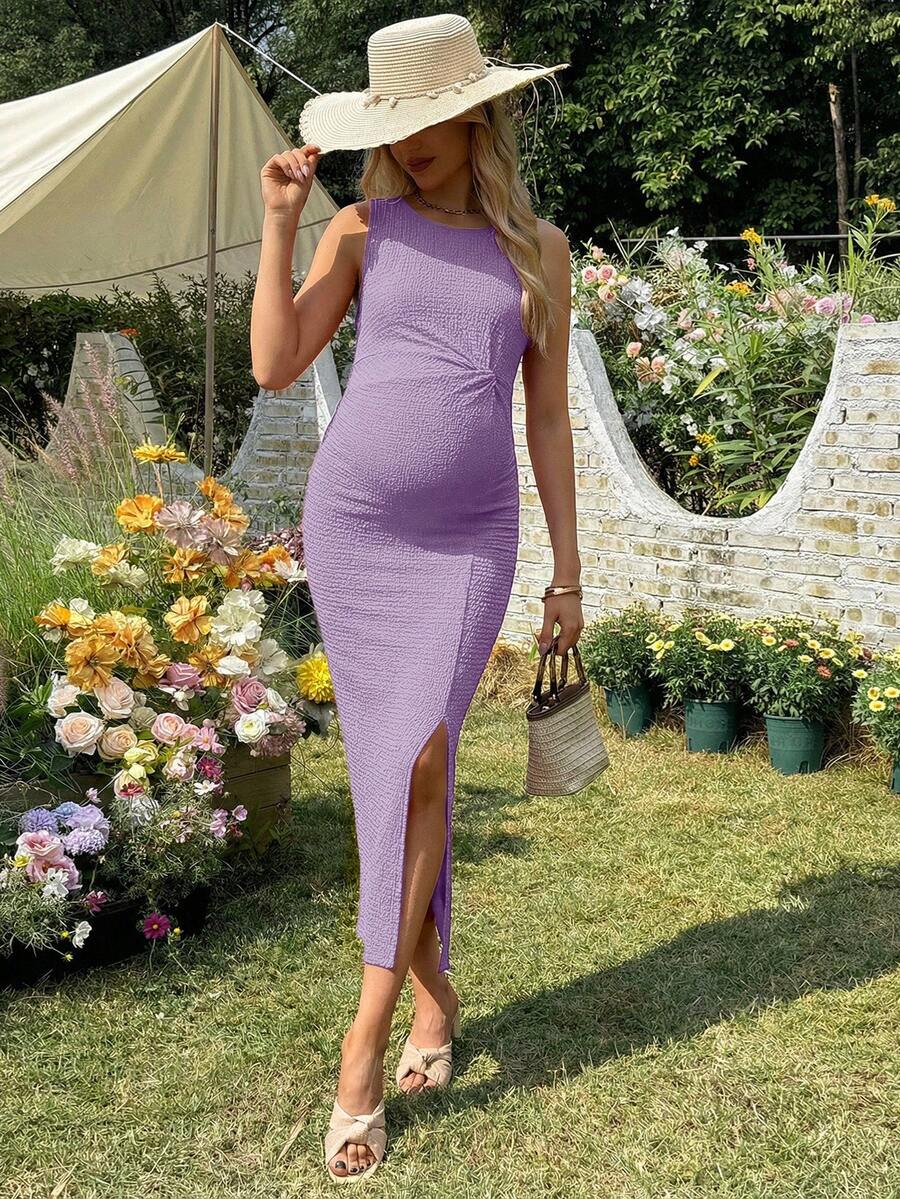 Women's Long Twist Knot Slit Casual Maternity Dress
