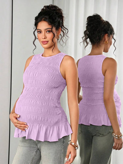 Maternity Tank Camisole - Tank Vest Neck, Shirred, Flared Hem, Slim Fit, Pink