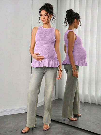 Maternity Tank Camisole - Tank Vest Neck, Shirred, Flared Hem, Slim Fit, Pink