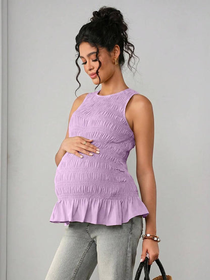 Maternity Tank Camisole - Tank Vest Neck, Shirred, Flared Hem, Slim Fit, Pink