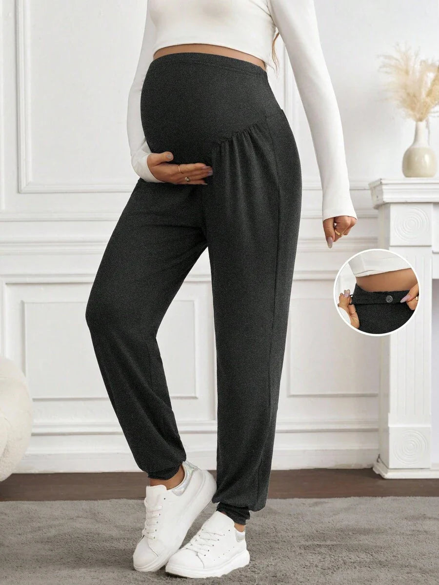 Black Pleated Maternity Harem Pants Loose Fit Elastic Waist Casual Knit Lounge Trousers for Pregnant Women Spring Fall