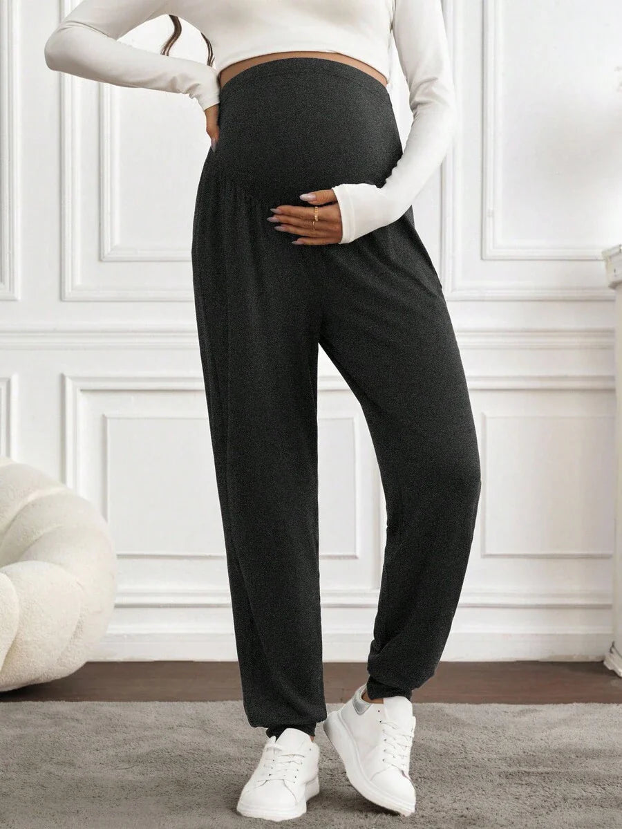 Black Pleated Maternity Harem Pants Loose Fit Elastic Waist Casual Knit Lounge Trousers for Pregnant Women Spring Fall