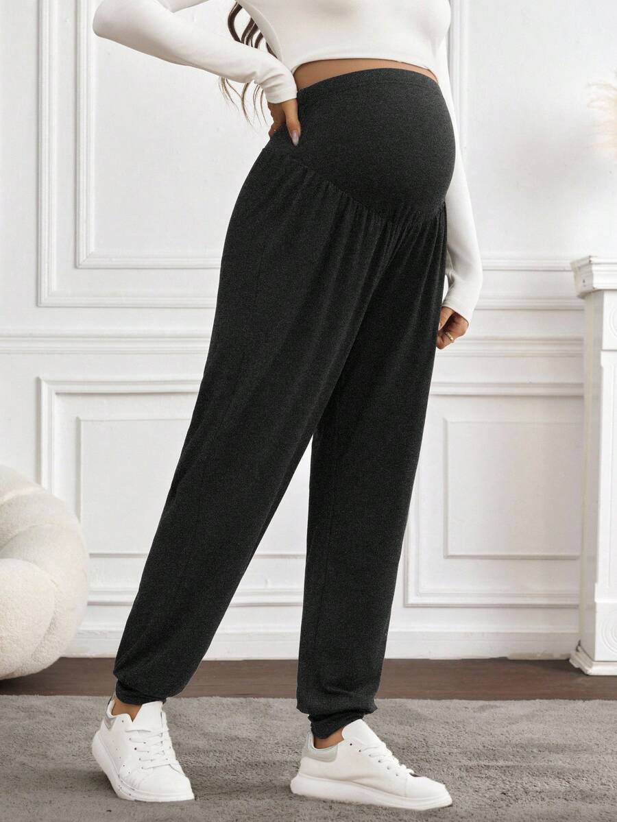 Black Pleated Maternity Harem Pants Loose Fit Elastic Waist Casual Knit Lounge Trousers for Pregnant Women Spring Fall
