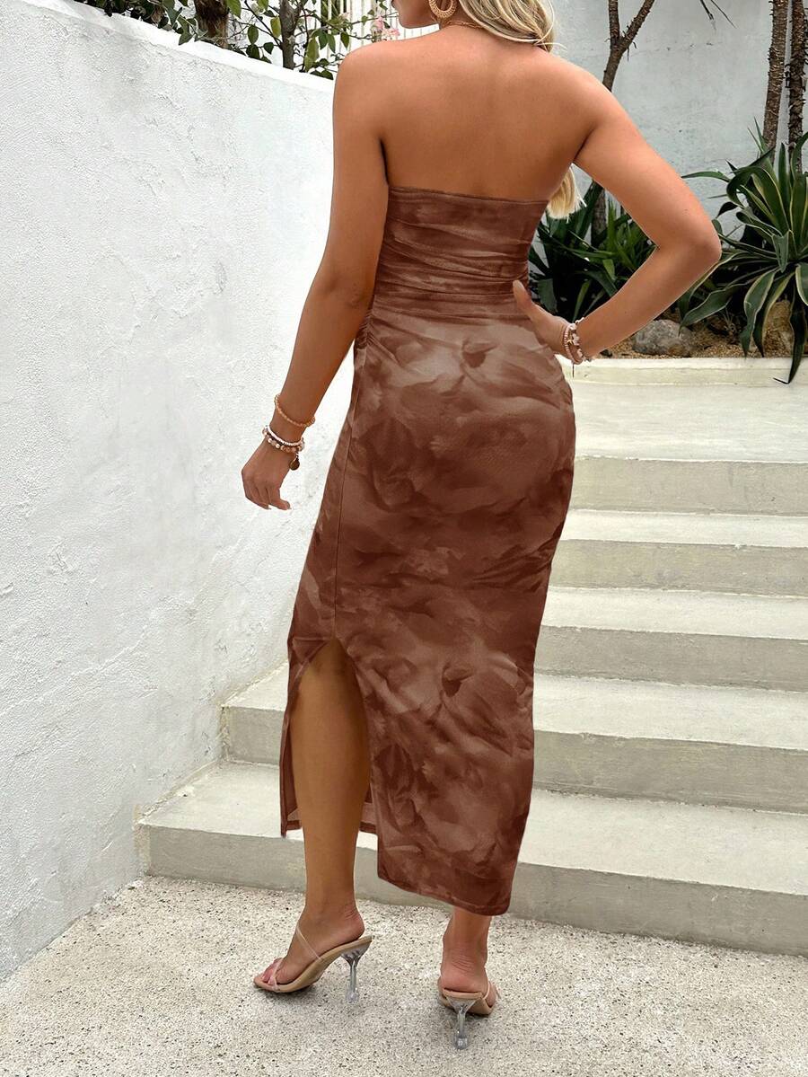 Maternity Bandeau Bodycon Dress - Strapless, Ruched, Mesh, Slit Hem, Orange