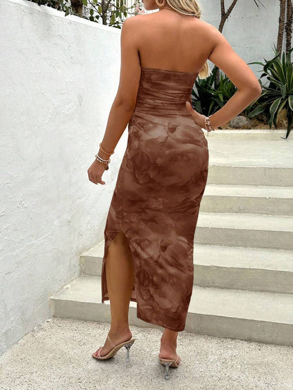 Maternity Bandeau Bodycon Dress - Strapless, Ruched, Mesh, Slit Hem, Orange
