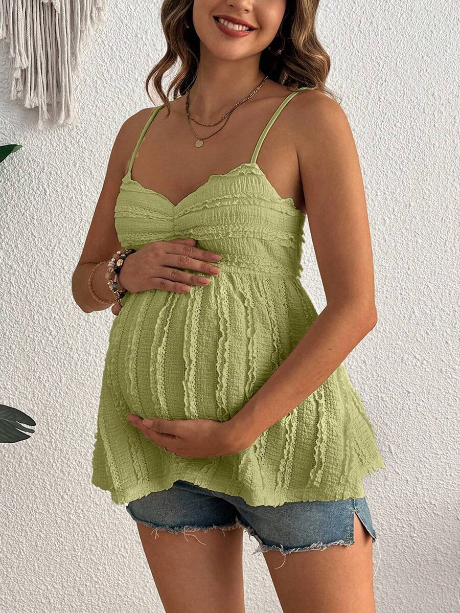 Pleated Lace Maternity Camisole - Apricot Slim Fit Ruched Spaghetti Strap Knitted Cami Top for Daily Wear