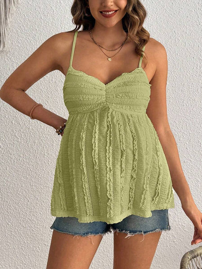 Pleated Lace Maternity Camisole - Apricot Slim Fit Ruched Spaghetti Strap Knitted Cami Top for Daily Wear