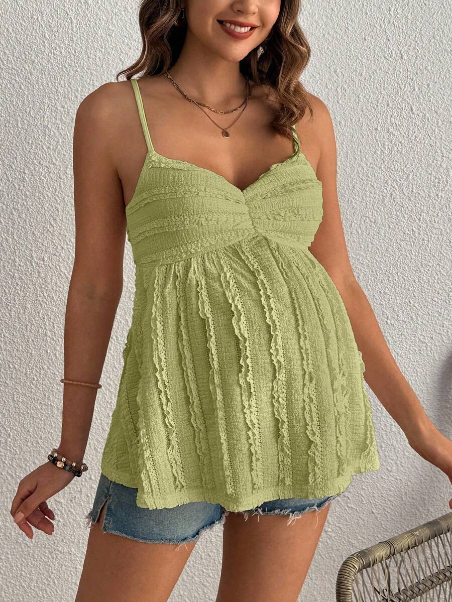 Pleated Lace Maternity Camisole - Apricot Slim Fit Ruched Spaghetti Strap Knitted Cami Top for Daily Wear