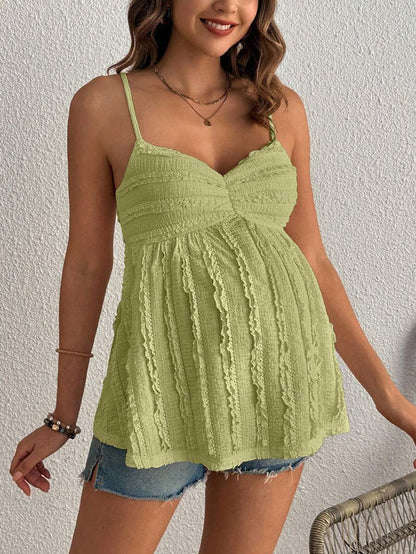 Pleated Lace Maternity Camisole - Apricot Slim Fit Ruched Spaghetti Strap Knitted Cami Top for Daily Wear