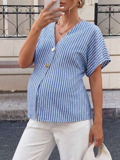 Khaki Color-Blocked Maternity Work Top with Metallic Buttons Elegant V-Neck Batwing Sleeve Commuting and Night Out Blouse