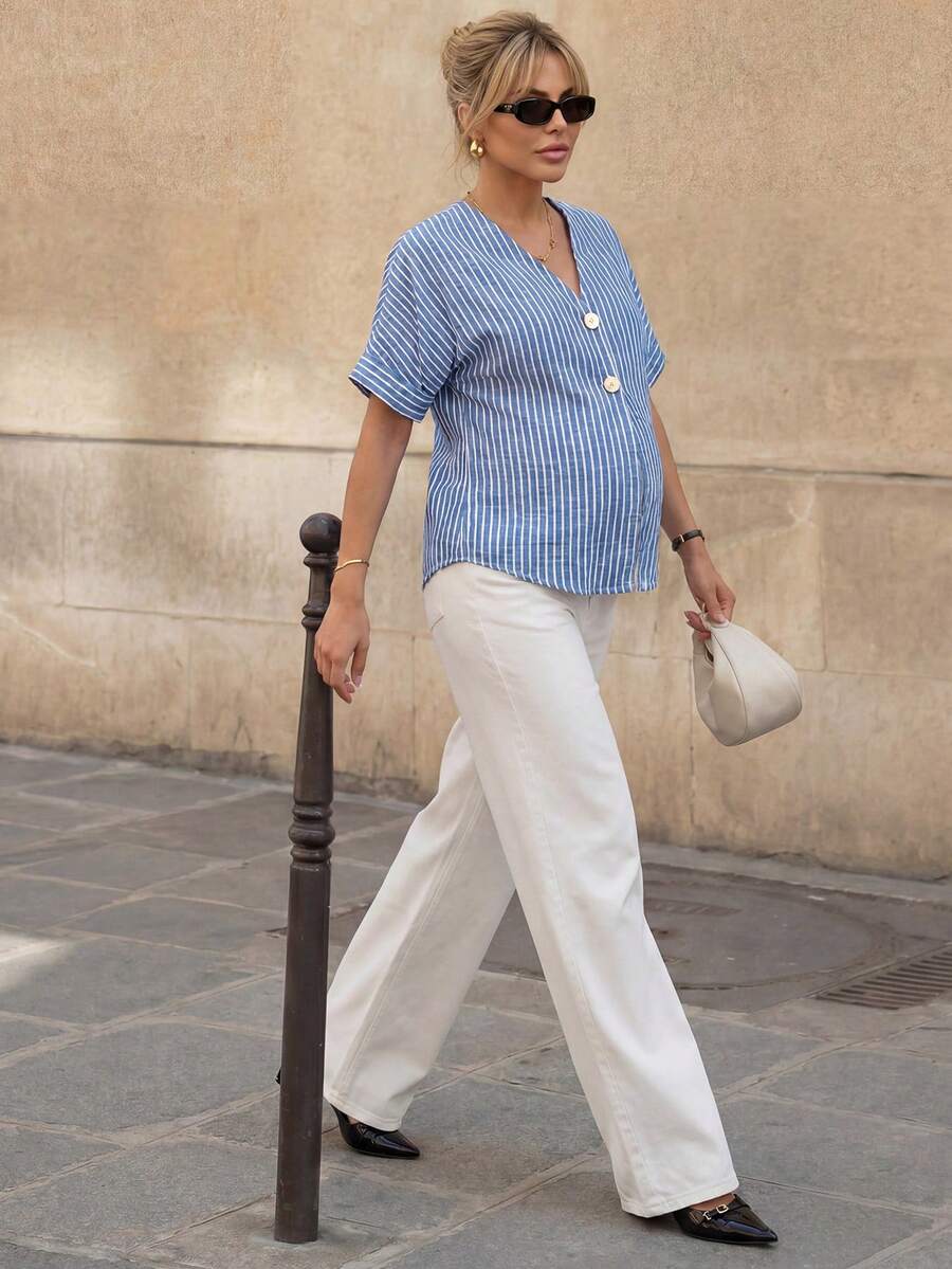 Khaki Color-Blocked Maternity Work Top with Metallic Buttons Elegant V-Neck Batwing Sleeve Commuting and Night Out Blouse