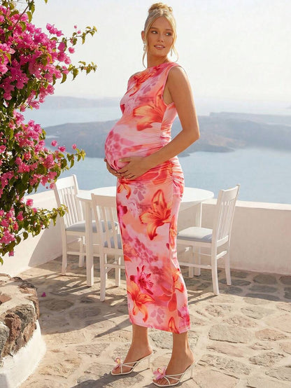Maternity Asymmetrical Shoulder Floral Print Bodycon Dress Sexy Sleeveless Slim Fit Long Pencil Dress for Summer Vacation and Night Out