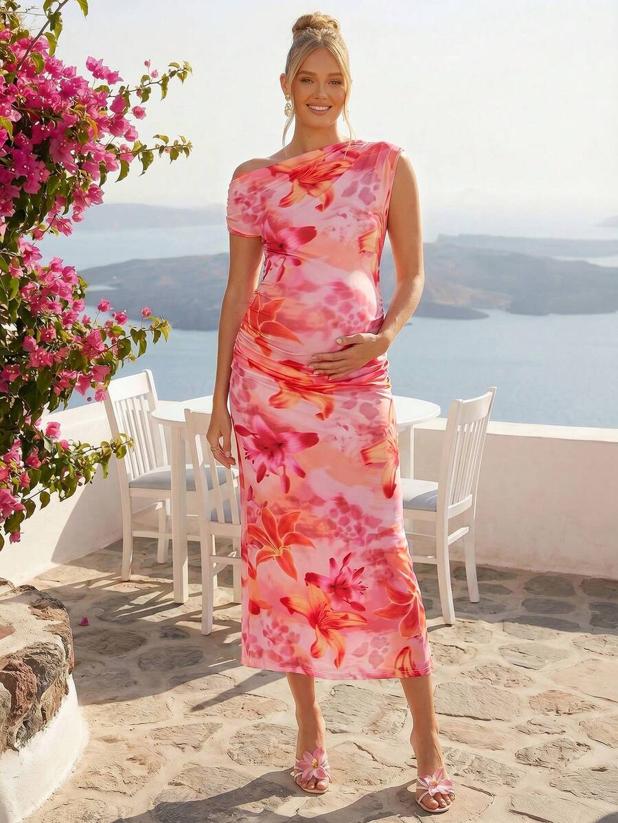 Maternity Asymmetrical Shoulder Floral Print Bodycon Dress Sexy Sleeveless Slim Fit Long Pencil Dress for Summer Vacation and Night Out
