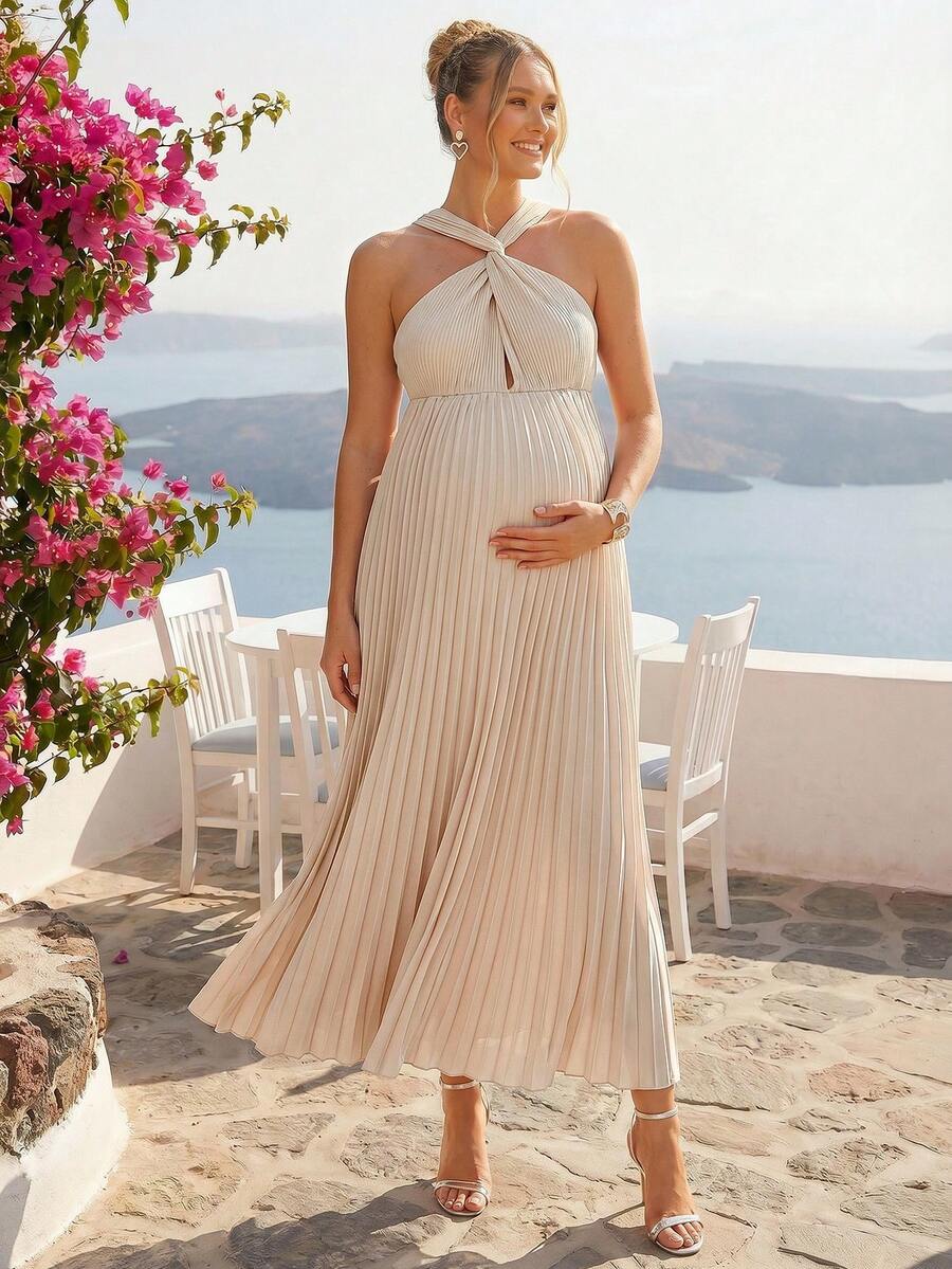 Elegant Party Solid Color Pleated Halter Maternity Dress,Gender Reveal Dress,Maternity Dress,Baby Shower Dress