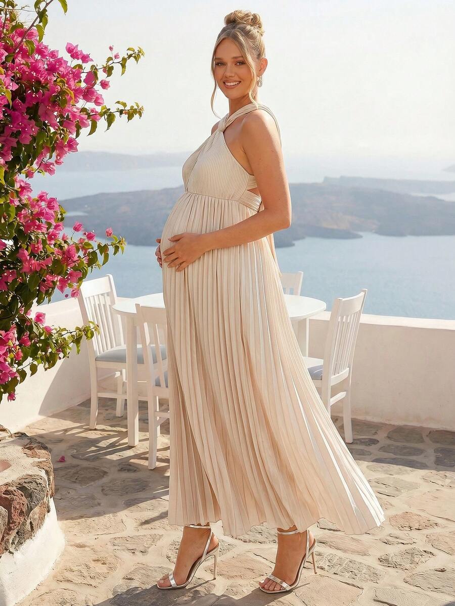 Elegant Party Solid Color Pleated Halter Maternity Dress,Gender Reveal Dress,Maternity Dress,Baby Shower Dress