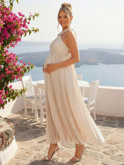 Elegant Party Solid Color Pleated Halter Maternity Dress,Gender Reveal Dress,Maternity Dress,Baby Shower Dress