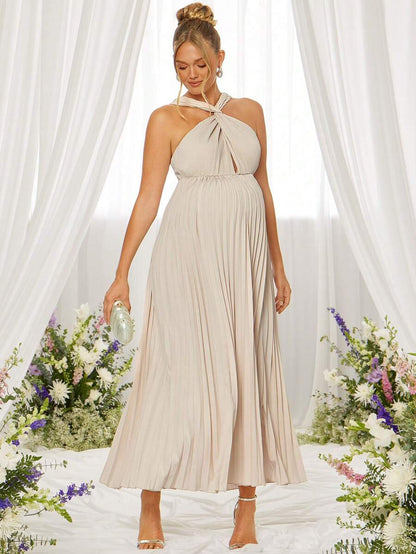 Elegant Party Solid Color Pleated Halter Maternity Dress,Gender Reveal Dress,Maternity Dress,Baby Shower Dress