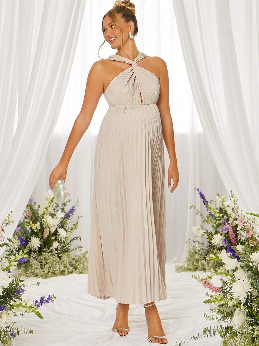 Elegant Party Solid Color Pleated Halter Maternity Dress,Gender Reveal Dress,Maternity Dress,Baby Shower Dress