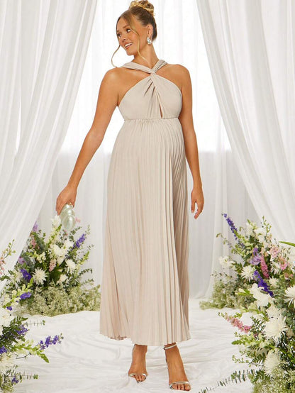 Elegant Party Solid Color Pleated Halter Maternity Dress,Gender Reveal Dress,Maternity Dress,Baby Shower Dress