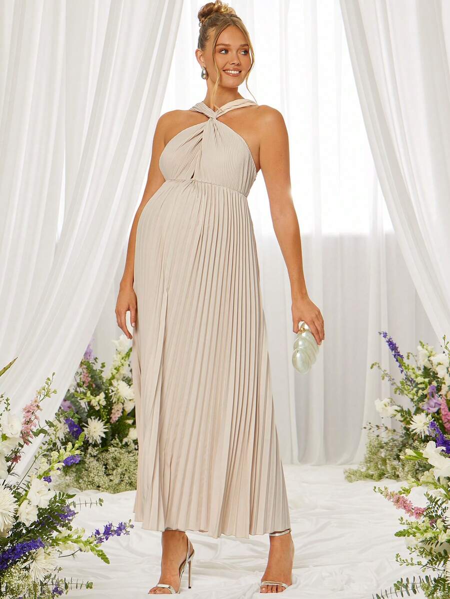 Elegant Party Solid Color Pleated Halter Maternity Dress,Gender Reveal Dress,Maternity Dress,Baby Shower Dress
