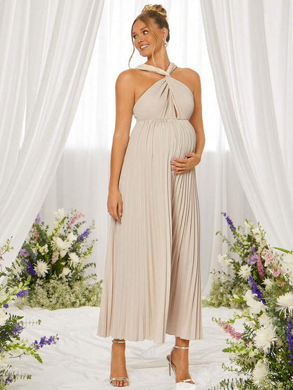 Elegant Party Solid Color Pleated Halter Maternity Dress,Gender Reveal Dress,Maternity Dress,Baby Shower Dress