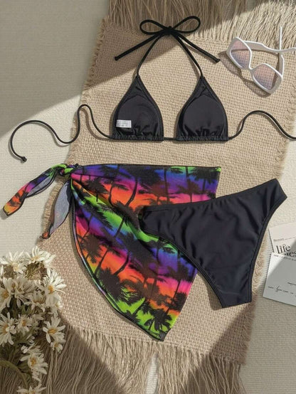Women's 3-Piece Solid Halter Bikini Set - Knot Detail, Skirt Cover-Up, Triangle Cup, Red
