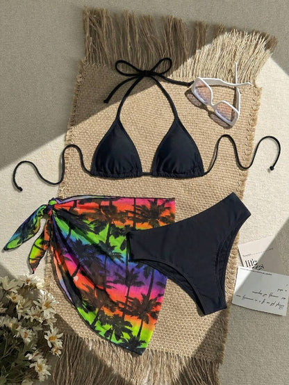 Women's 3-Piece Solid Halter Bikini Set - Knot Detail, Skirt Cover-Up, Triangle Cup, Red