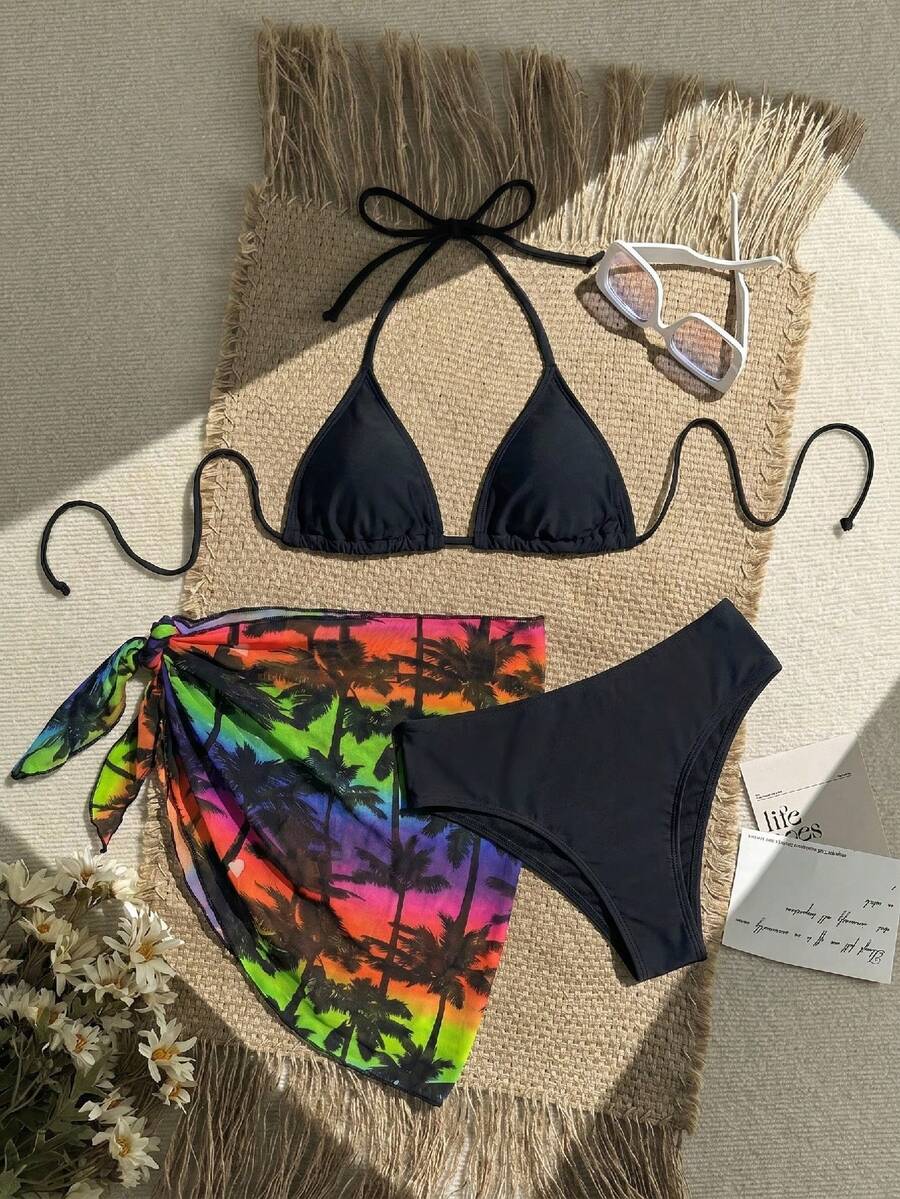Women's 3-Piece Solid Halter Bikini Set - Knot Detail, Skirt Cover-Up, Triangle Cup, Red