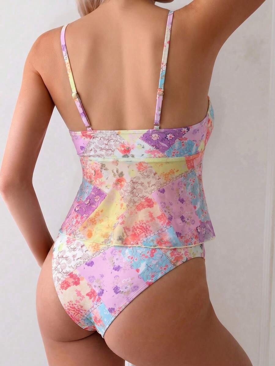 Women's 2-Piece Floral Camisole Bikini Set - Spaghetti Strap, Frill Trim, Hipsters, Multicolor