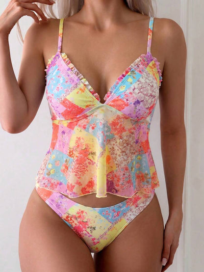 Women's 2-Piece Floral Camisole Bikini Set - Spaghetti Strap, Frill Trim, Hipsters, Multicolor
