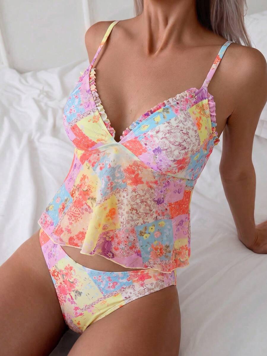 Women's 2-Piece Floral Camisole Bikini Set - Spaghetti Strap, Frill Trim, Hipsters, Multicolor