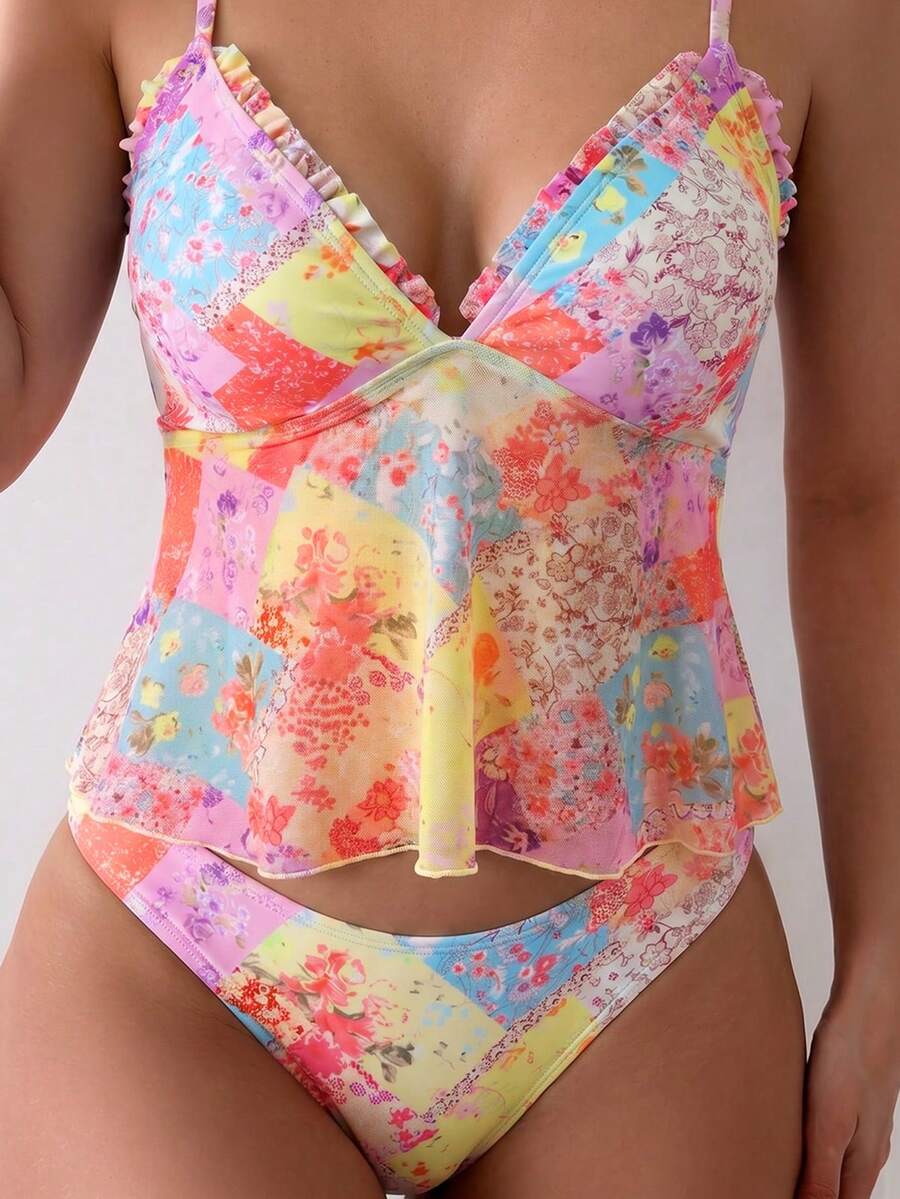 Women's 2-Piece Floral Camisole Bikini Set - Spaghetti Strap, Frill Trim, Hipsters, Multicolor