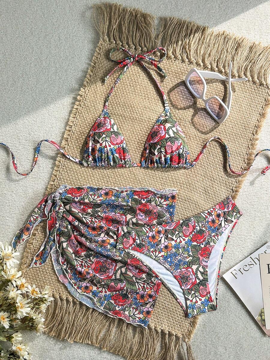 Women's 3-Piece Solid Halter Bikini Set - Knot Detail, Skirt Cover-Up, Triangle Cup, Red