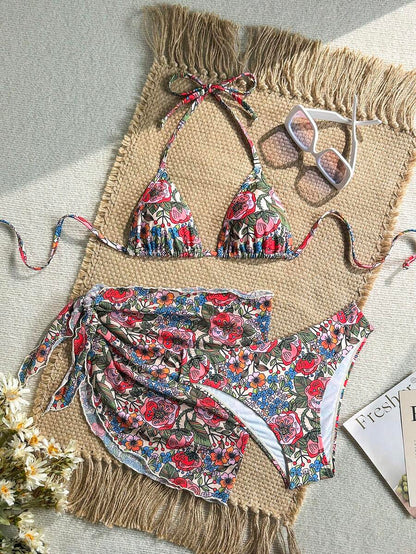 Women's 3-Piece Solid Halter Bikini Set - Knot Detail, Skirt Cover-Up, Triangle Cup, Red