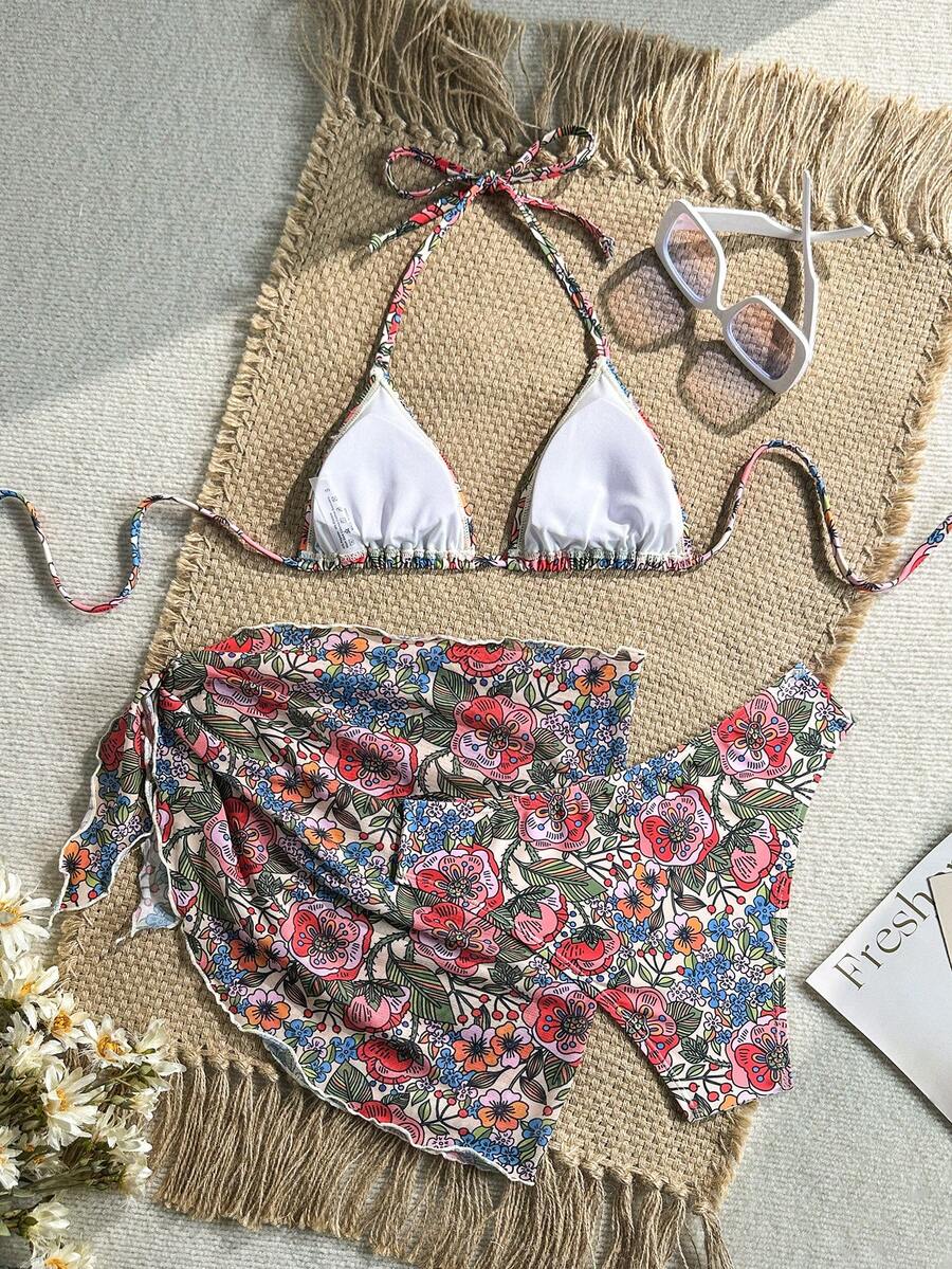 Women's 3-Piece Solid Halter Bikini Set - Knot Detail, Skirt Cover-Up, Triangle Cup, Red